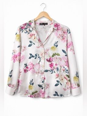 Zara Floral Blouse Women Medium Button Up Lightweight Workwear Spring Top